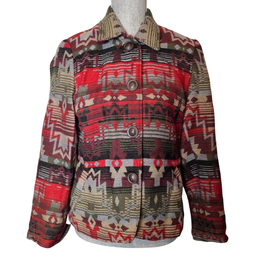 Vintage Southwestern Blazer Jacket Women's Size 8 Petite Aztec Geometric Granola